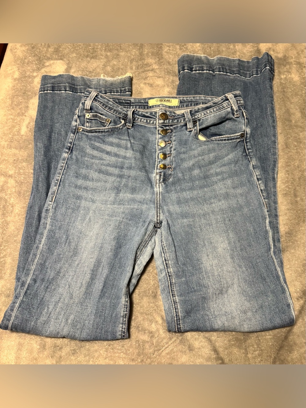 Rock & Roll Cowgirl Light Blue Bootcut Jeans with Exposed Button Fly